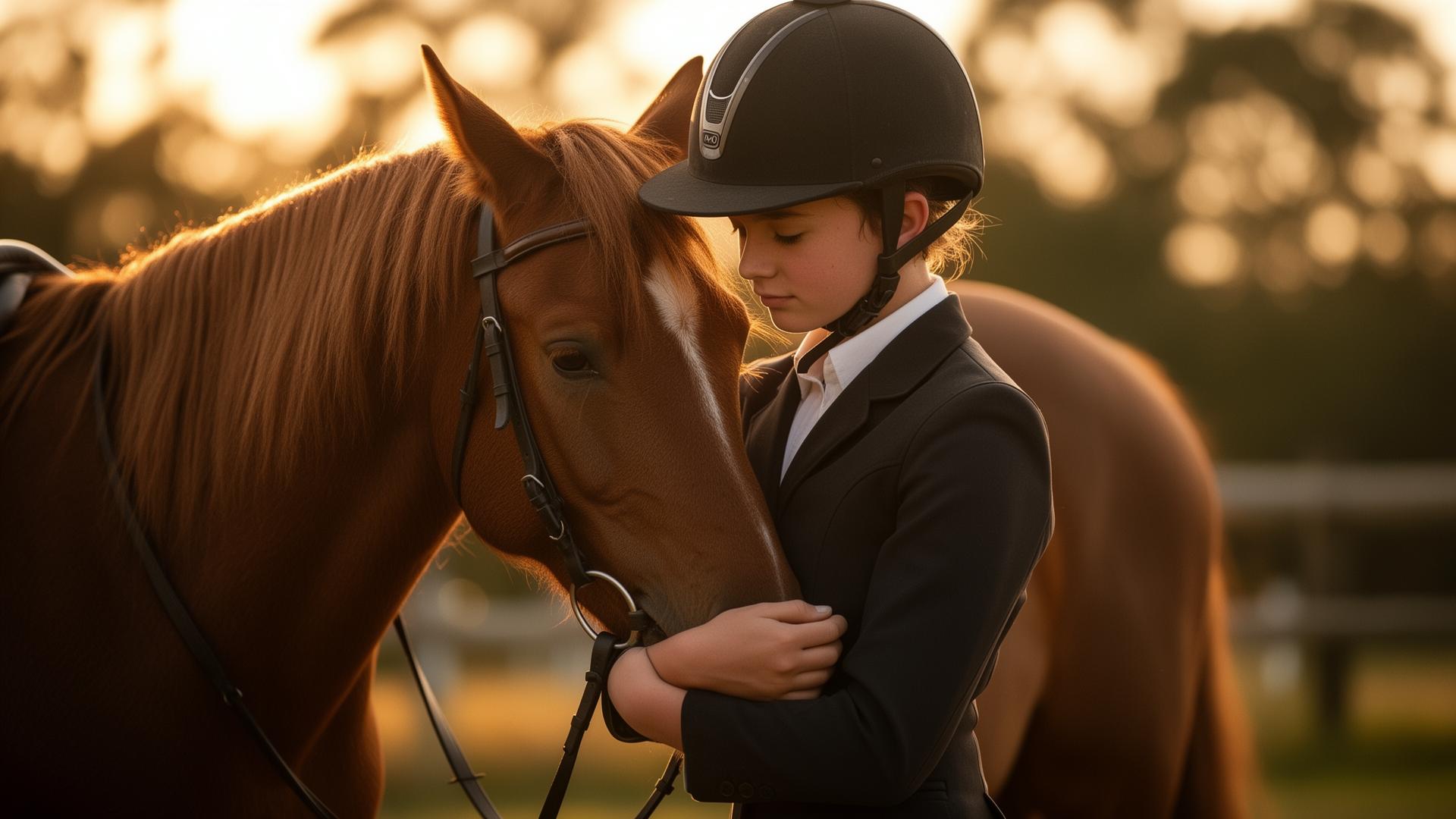 Rider embracing her horse at golden hour